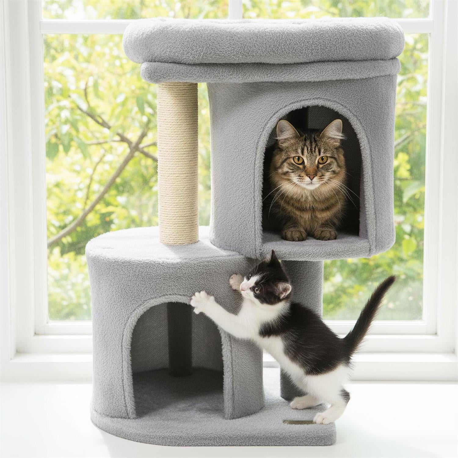 Pefilos 26" Cat Tower, Large Padded Perch & Dual Condos, Sisal Scratching Post & Anti-Toppling, Light Gray