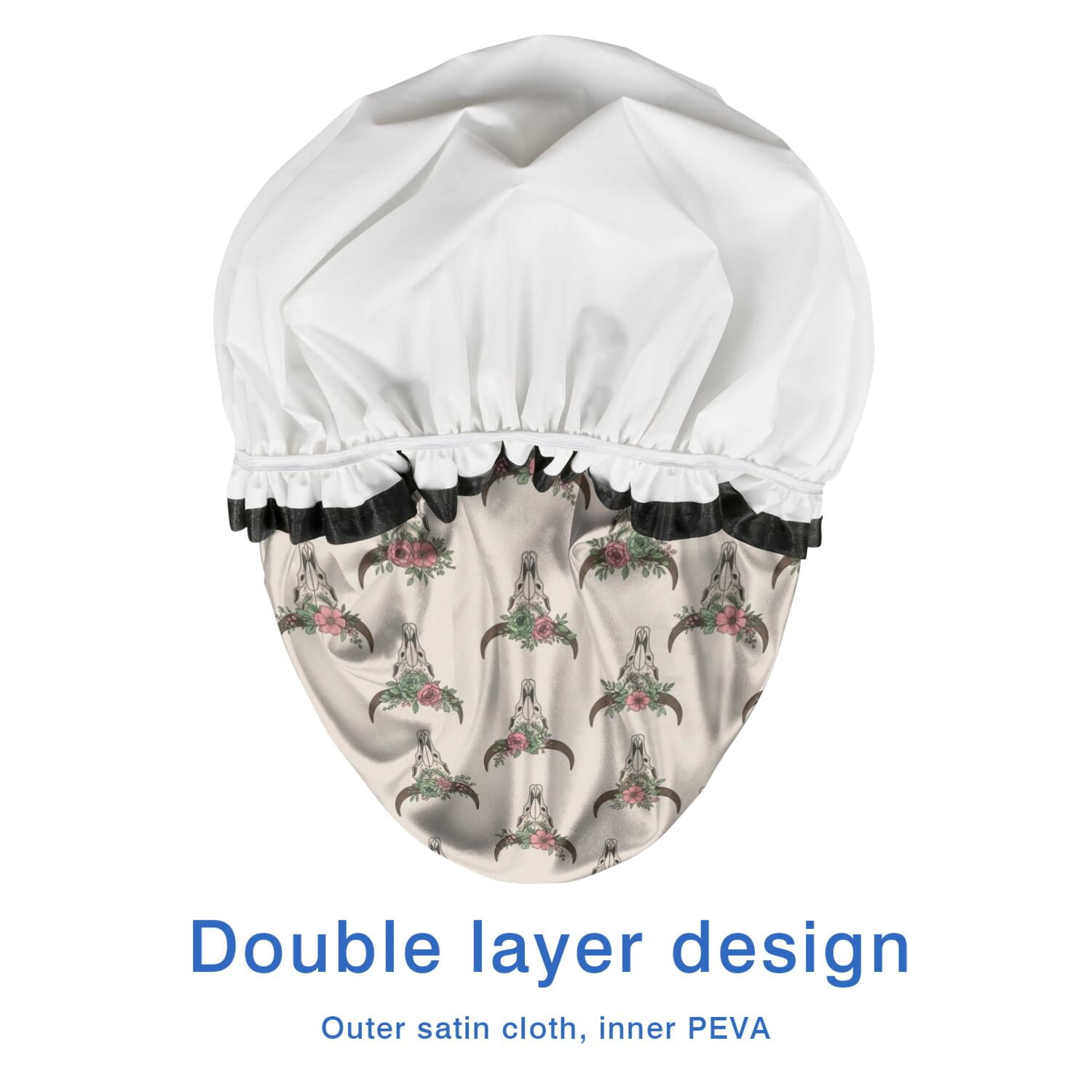 Shower Caps,Beige Buffalo Skull Flower Pattern Waterproof Shower Cap for Women 4 Pieces,Double Reusable Hair Cover for Shower PEVA Elastic Stretch Hem