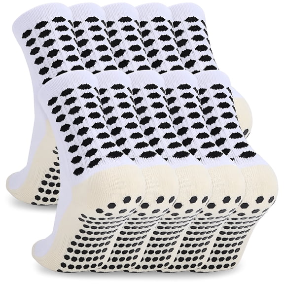 TELOLY 5 Pairs Men’s Soccer Socks Grip Socks Soccer Cushioned Non-Slip Grip Sports Football Basketball Socks (White)