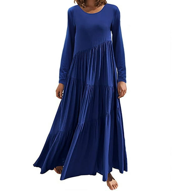 Vestidos Para Mujer Vestidos de Otoño Color Sólido Suelto Manga Larga Vestido Largo Cuello Redondo Asimétrico Swing Capas Playa Vestido Largo Odeerbi ODB132439