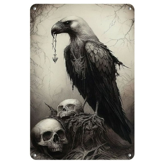 Iron Metal Raven and Skeleton Wall Art Sign, Reusable Gothic Halloween Decor, Pre-Drilled Waterproof Wall Plaque for Home, Suitable for Ages 14 , 1pc (8x12 inch)