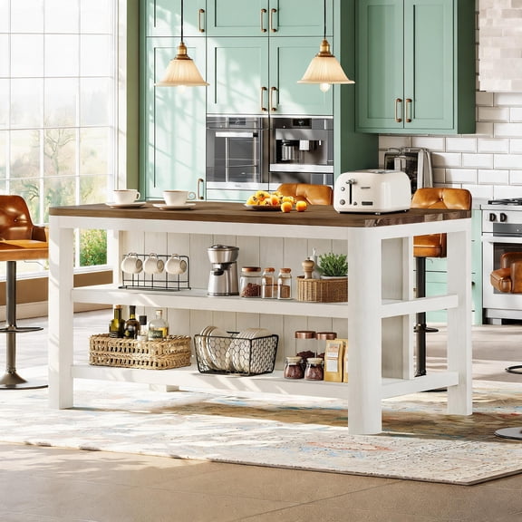 Fnova 63" 3-Tier Solid Wood Kitchen Island with Storage Shelves, Farmhouse Wooden Stationary Island Table with Large Worktop, Easy to Assemble, White & Brown