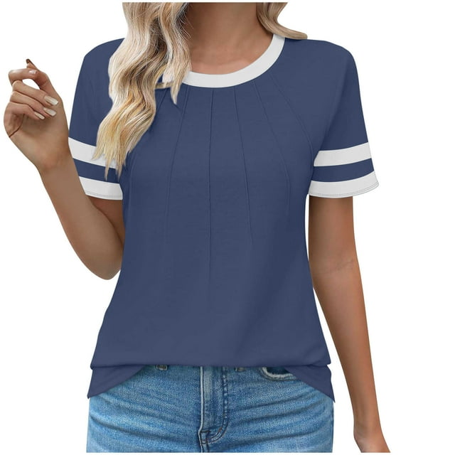 XMMSWDLA Tunique d'Été Décontractée à Manches Courtes pour Femmes, Blouse Plissée Ajustée, Chemises Marine à Manches Courtes pour Femmes