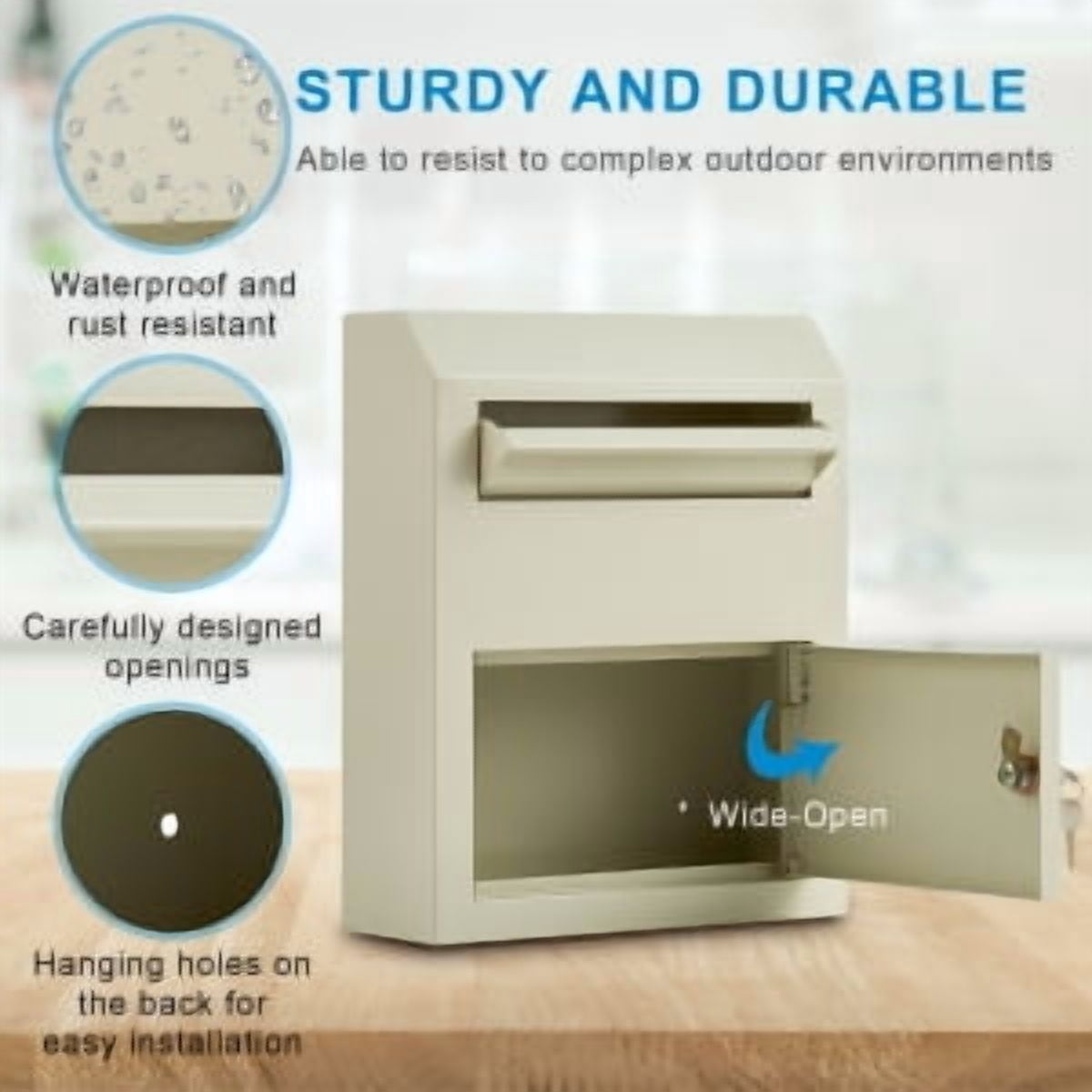 EastVita Steel Key Lock Mail Box Outdoor | Locking Wall Mount Mailbox & Security Key Drop Box | Collection Box for Parcels/Letters | 12'' x4.5'' x 15'', White