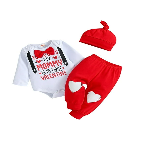 POINTERTECK Baby Boys My First Valentine‘s Day Outfits Letter Print Long Sleeve Romper+ Heart Print Pants+ Hat 3Pcs Clothes Set