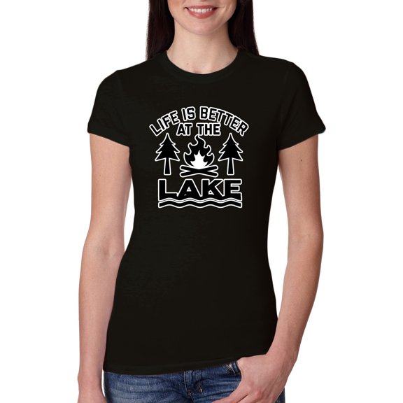 Life is Better at the Lake Outdoors Inspirational/Christian Womens Slim Fit Junior Tee, Black, Small