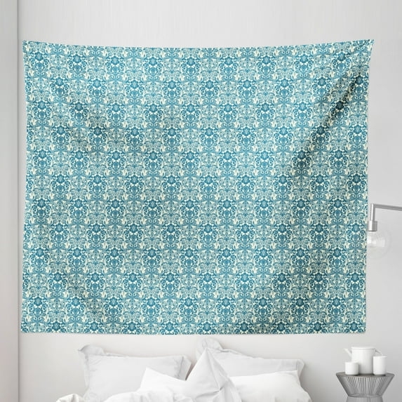 Ivory and Blue Tapestry, Damask Swirled Leaves and Blooming Flowers Baroque Arrangement, Fabric Wall Hanging Decor for Bedroom Living Room Dorm, 5 Sizes, Petrol Blue and Ivory, by Ambesonne