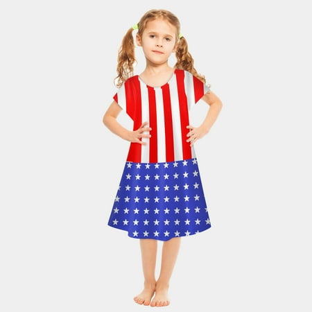 

aoksee Girls 4th of July Dress Kids Patriotic American Flag short Sleeve Dresses Girls Independence Day Outfits Fourth of July Gifts for daughter