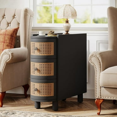 Tribesigns 3-Drawer Rattan End Table, Solid Wood Sofa Side Table with Vintage Embossed Handles