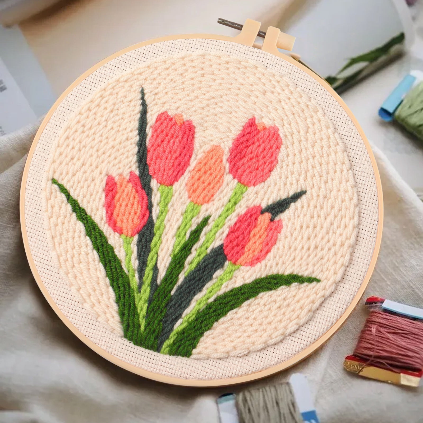 Floral Embroidery Kit for Beginners, Easy Needlepoint Kits for Adults Include Pattern, Hoops, Instructions, Threads and Fabric, Craft Starter Punch Needle Cross Stitch (Tulip)
