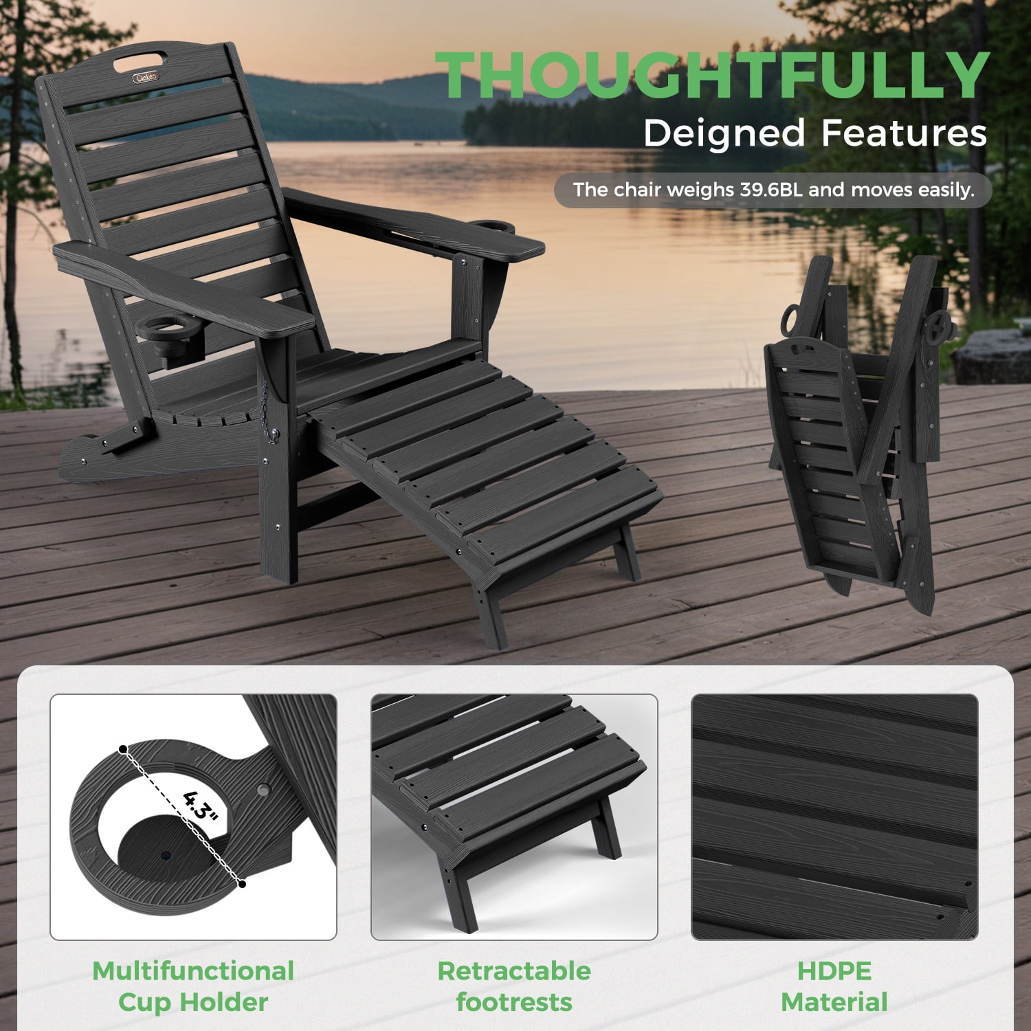 Ciokea Folding Adirondack Chair with Ottoman Set of 2 HDPE Outdoor Chair Pull Out Footrest 2 Cup Holders Patio Garden Black
