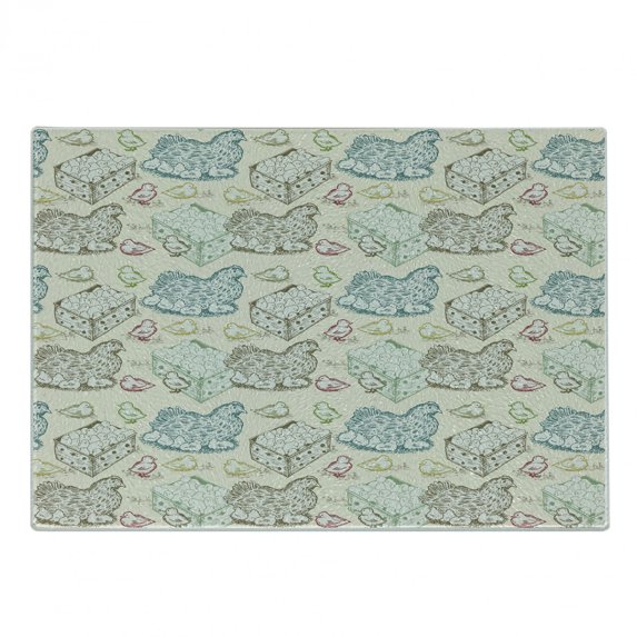 Hen and Chicks Cutting Board, Repetitive Pattern with Colorful Outline Babies and Mother, Decorative Tempered Glass Cutting and Serving Board, in 3 Sizes, by Ambesonne