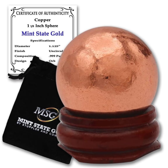 Copper Ball Paperweight with Wooden Base 1 1/8" (25.5mm - 0.26lb) 99.9% Sold Sphere w/CoA (Made in China)