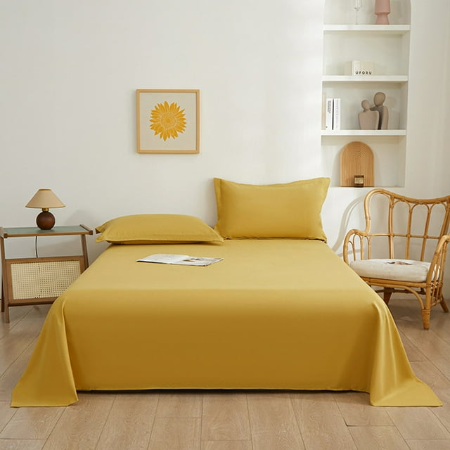COM1950s Queen Size Sheet Set, 3-Piece Polyester Bed Sheets Includes Flat Sheet and Pillowcases, Solid Color Washable Fabric, Soft Comfortable with Right Angle Design for Secure Fit