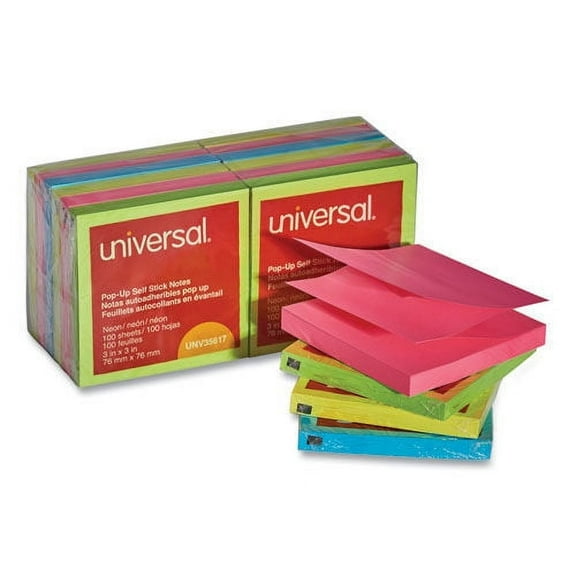 Universal UNV35617 Fan-Folded 3 in. x 3 in. Self-Stick Pop-Up Notes - Assorted Neon/Yellow (12/Pack)