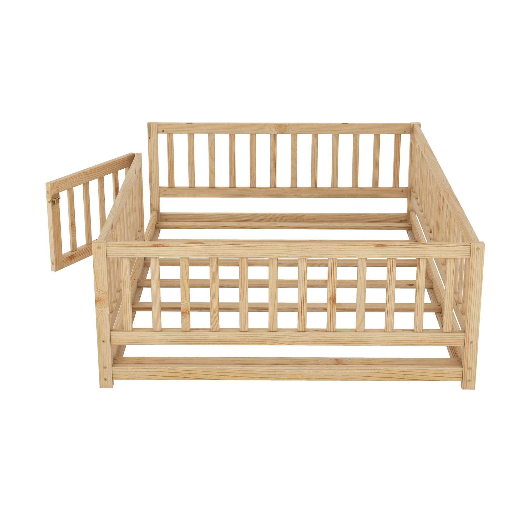 Montessori Floor Bed, Kids Bed Frame, Low Profile Toddler Bed with Removable Slats and Safety Door, Wood Bed Frame for Kids Boys Girls, Full Oak