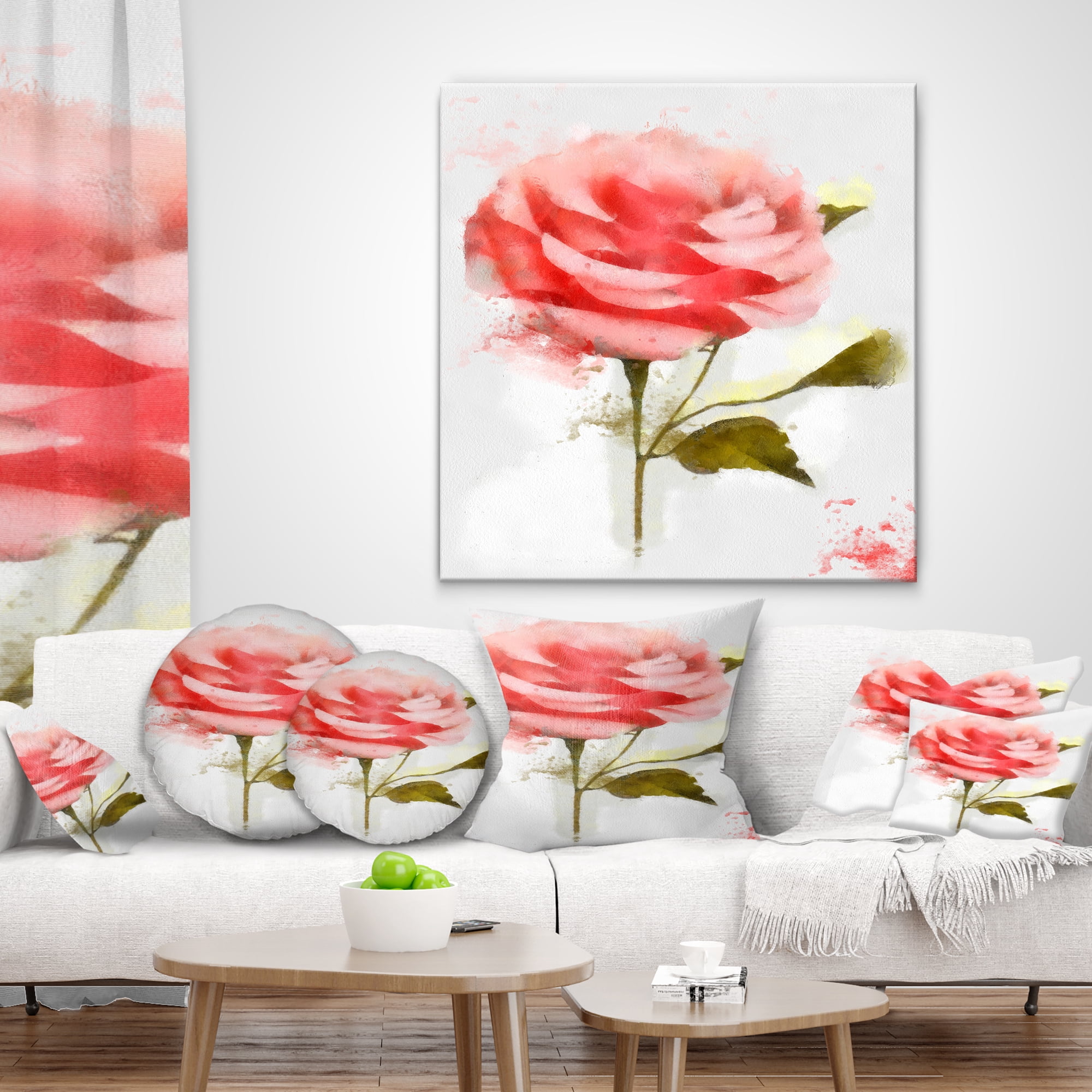 Designart Cute Pink Watercolor Rose Sketch - Flowers Throw Pillowwork - 16x16