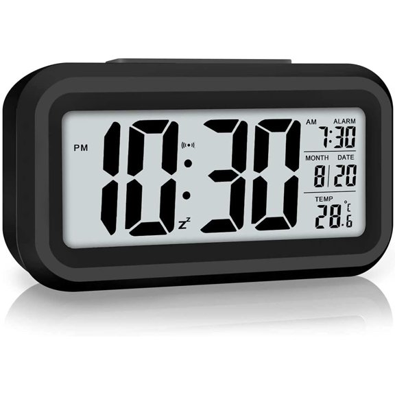 Digital Alarm Clock, Alarm Clock for Bedroom with Smart Night Light, Indoor Temperature, Large LED Display, Battery Operated Desk Clock for Kids Birthday