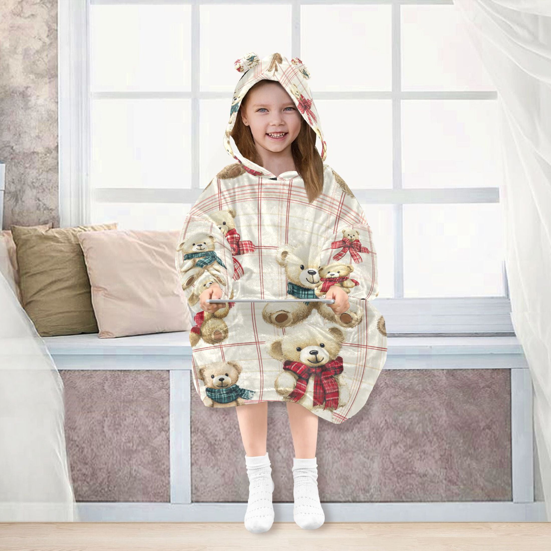 YAZAOO Kids Wearable Blanket Hoodie Warm and Cozy Bear Hugs and Checkered Love Flannel Sweatshirt