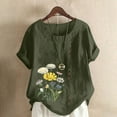 thumbnail image 2 of DDAPJ pyju Plus Size Linen Shirt for Womens Floral Printed Short Sleeve Casual Round Neck Blouse Spring Dressy Tops Loose Fit Hide Belly Shirts Lightning Deals Army Green L, 2 of 5