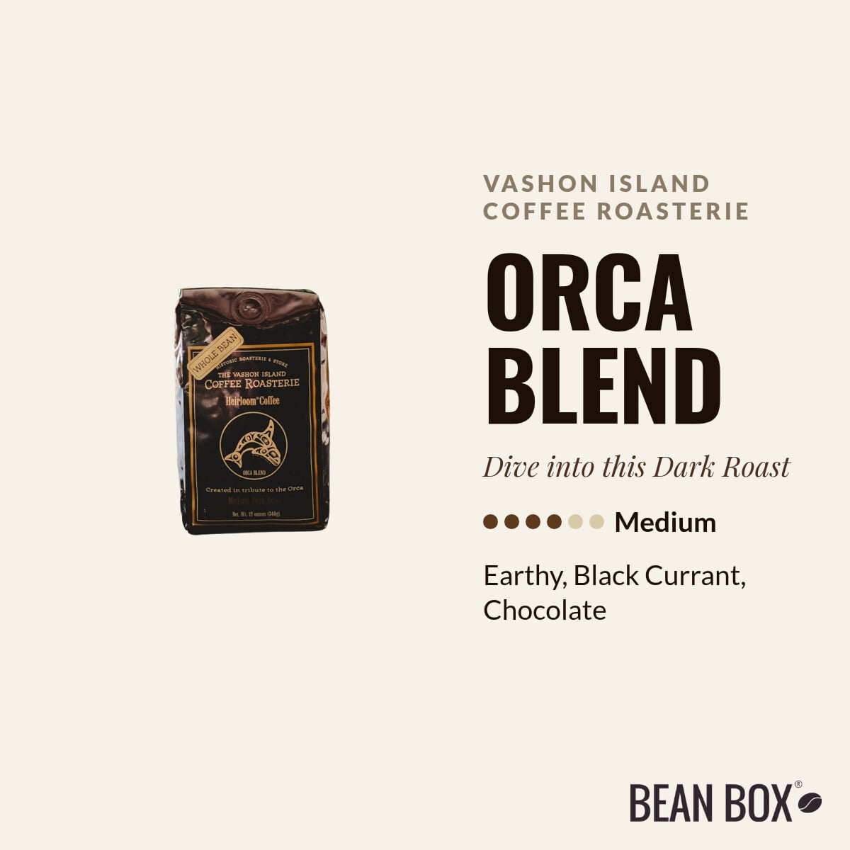 Orca Blend - Roasted by Vashon Island Coffee Roasterie - Whole Bean Coffee - 12oz Bag