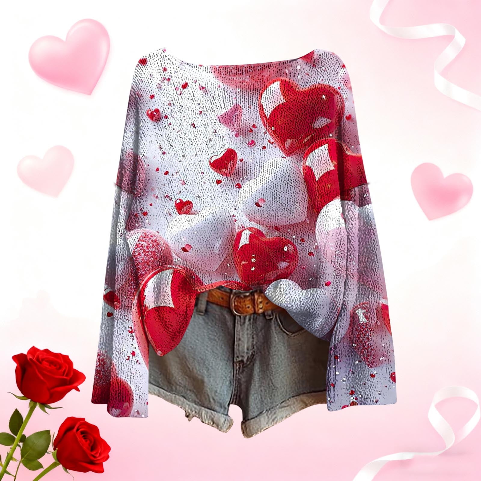 asdoklhq Valentine Day Tops for Women Winter Heart Printed Long Sleeved Round Neck Pullover Fashion Casual Loose Top Red XL