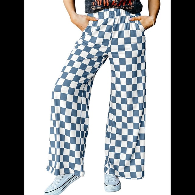 Pantalones Casuales A Cuadros para Mujer, Cintura Elástica, Cómodos, Holgados, de Pierna y con Bolsillos Azul Mar M