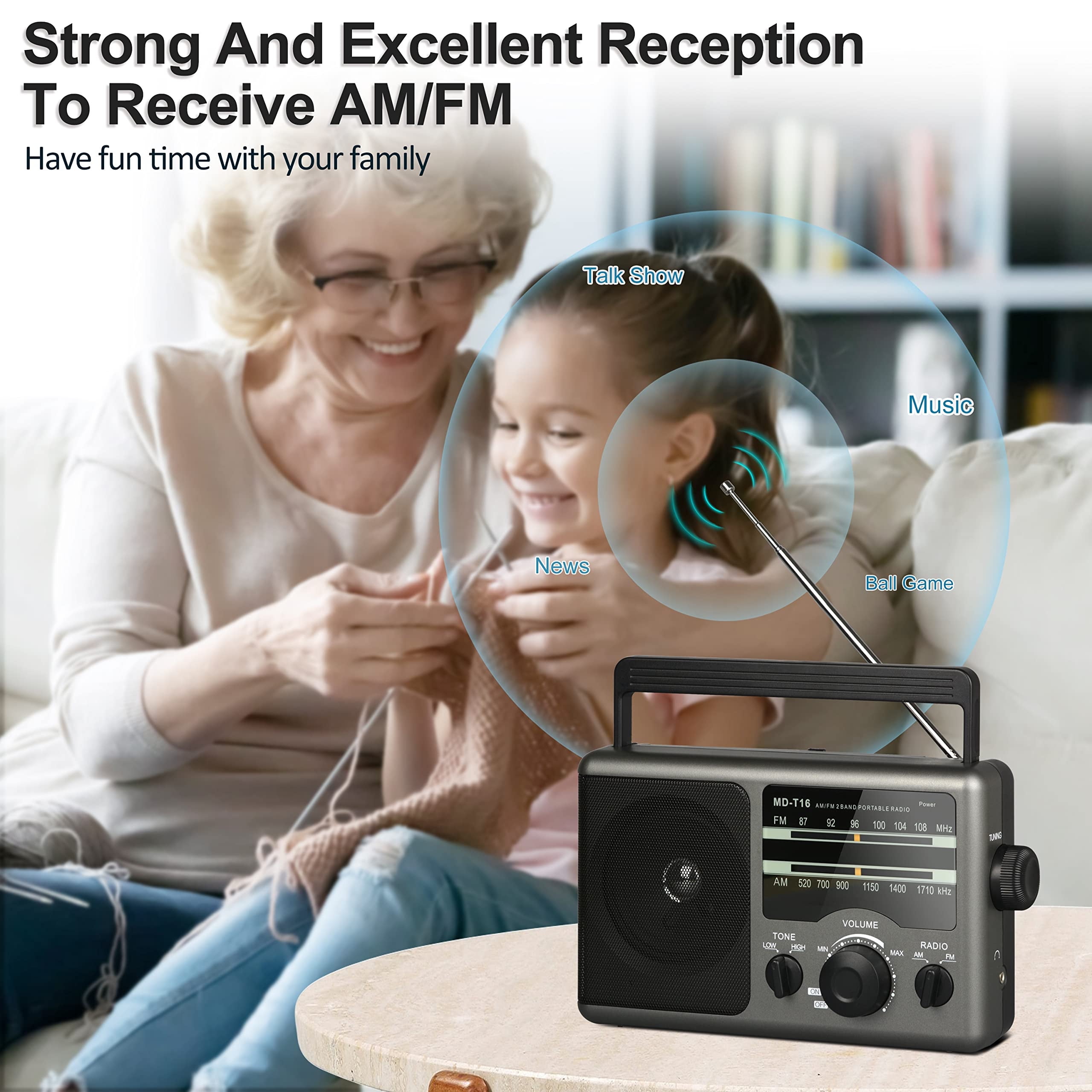 Jazmm AM FM Portable Radio, Large Knob Easy Operated, Portable Transistor Radio, AC/Battery Dual Power  for Senior, Elderly