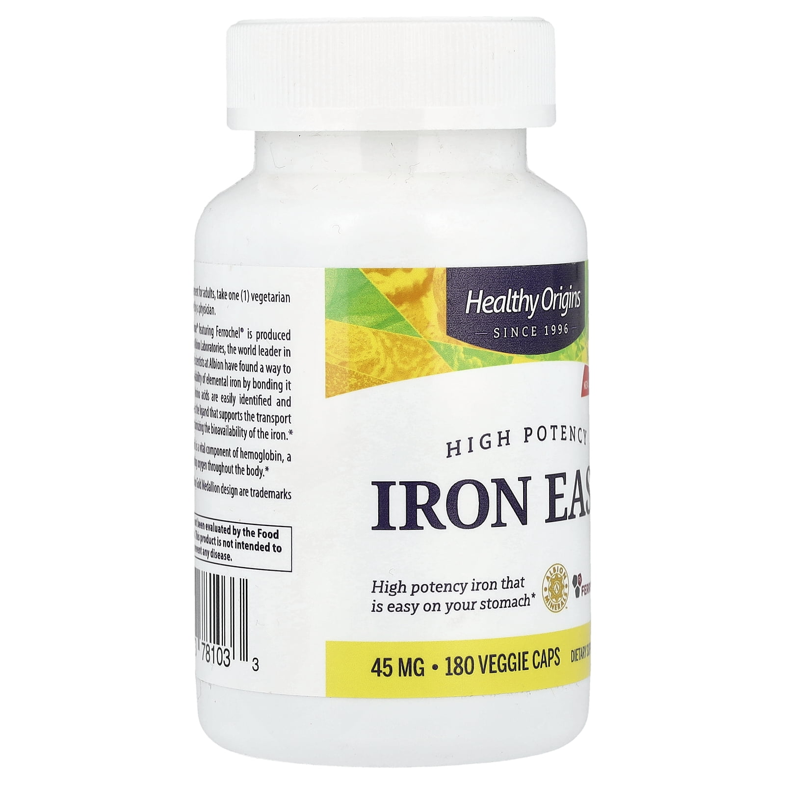 Healthy Origins Iron Ease 45 mg (Featuring Albion Ferrochel, Non-GMO, High Potency, Ferrous Bisglycinate Chelate), 180 Veggie Caps