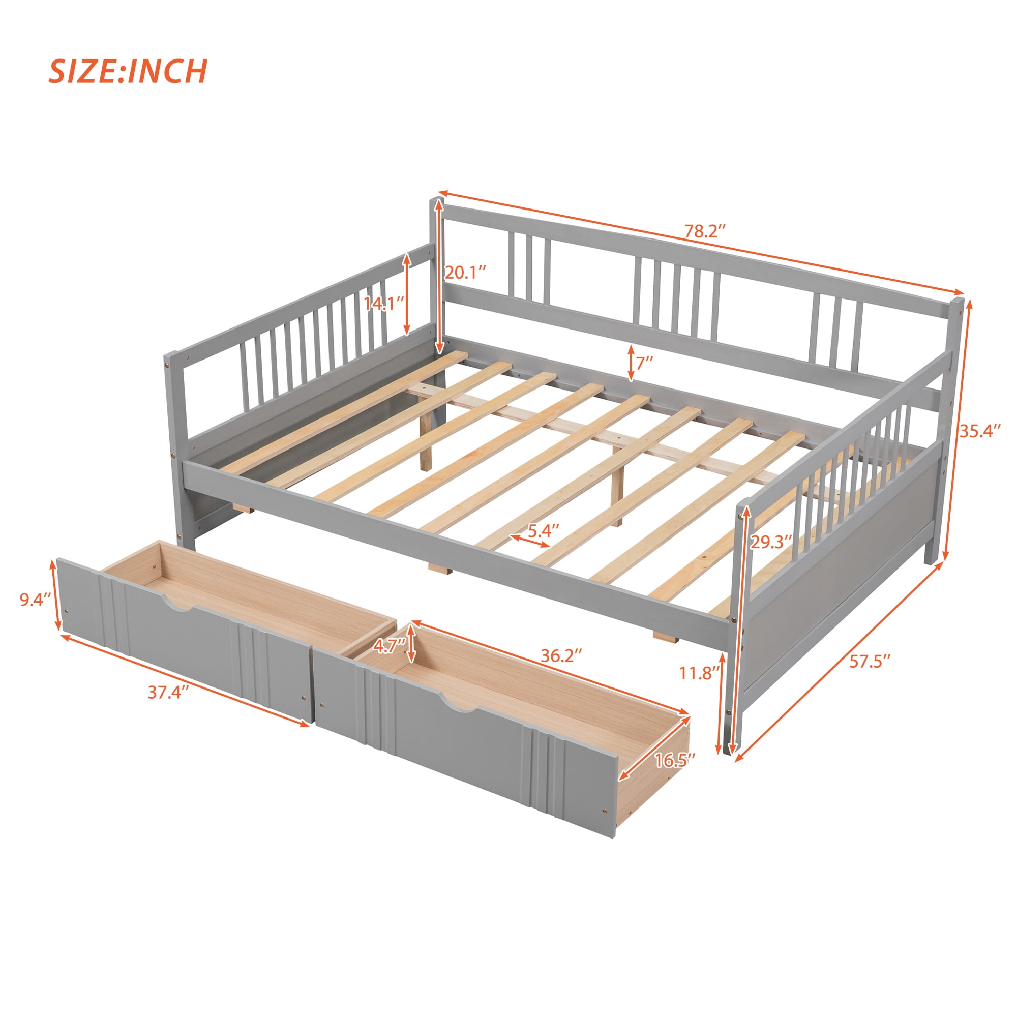 Aukfa Wooden Full Daybed with Storage Drawers, Gray