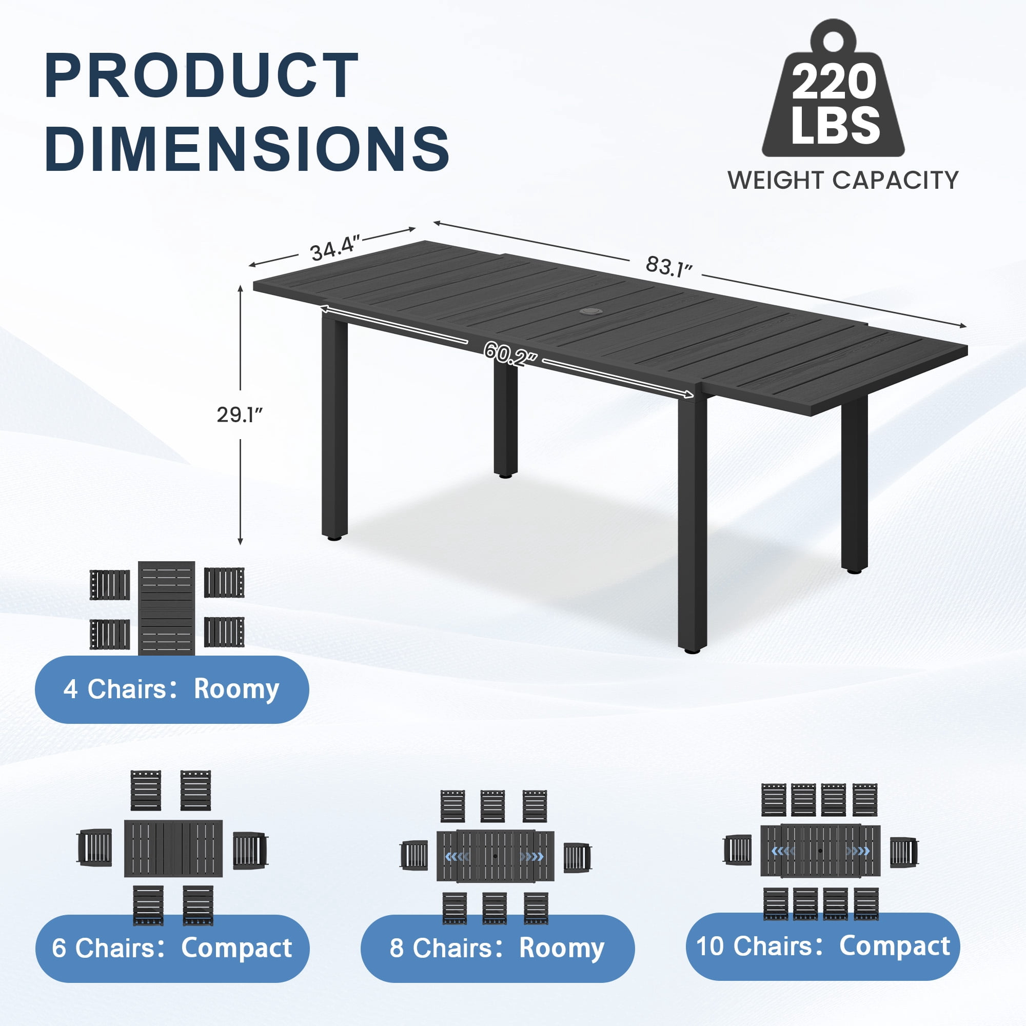 SERWALL 9-Piece Outdoor Dining Set with Expandable Patio Dining Table and 8 Chairs, 60–83 Inch All-Weather HDPE Patio Furniture Sets for Backyard, Garden, Deck, Poolside - Black