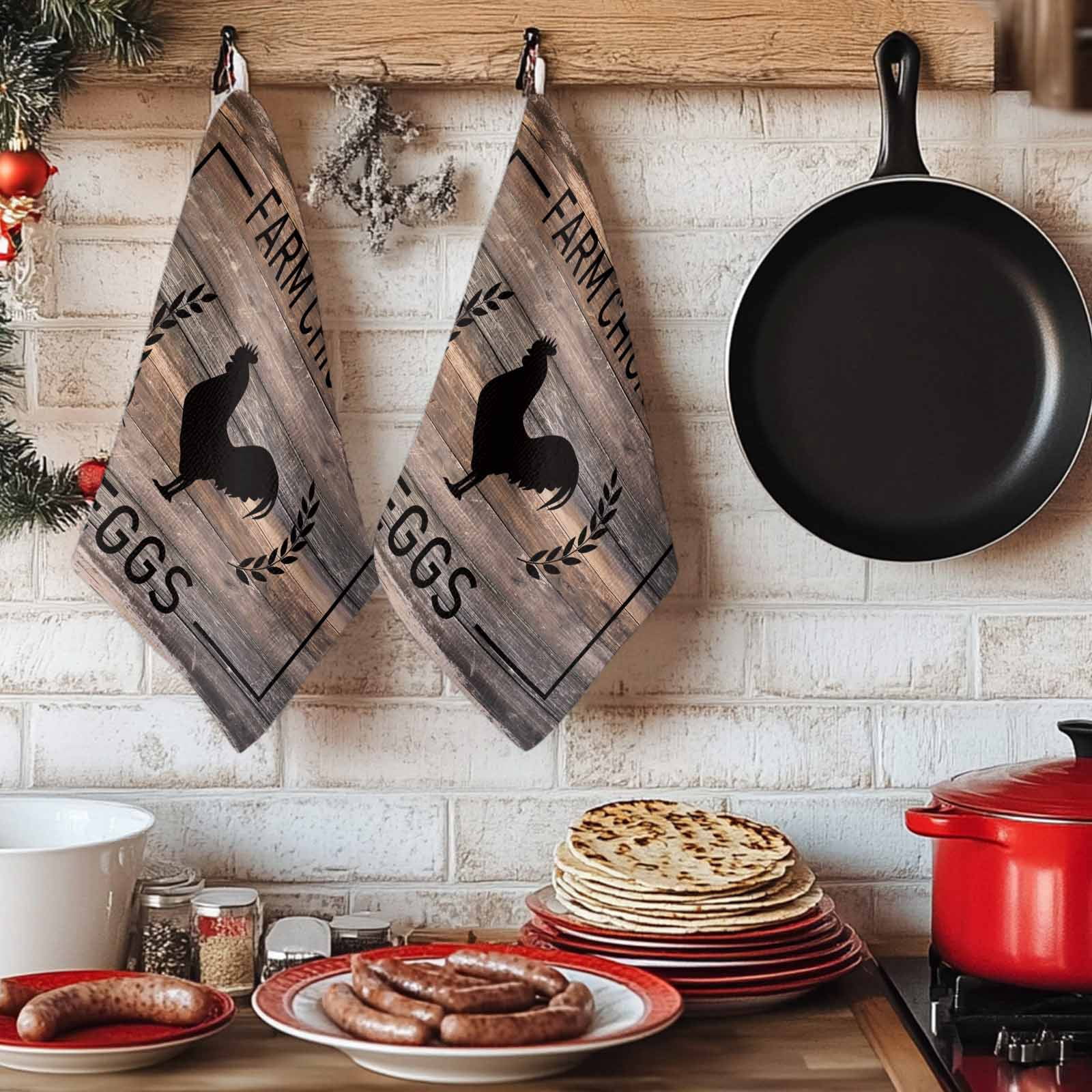 Dish Towels, Chicken Eggs Absorbent Kitchen Towels 2 PCS, Farmhouse Animal Brown Wood Grain Microfiber Hand Towels Dish Cloths Tea Towels for Home&nbsp;Bathroom Cleaning Drying,18X28-Inch,