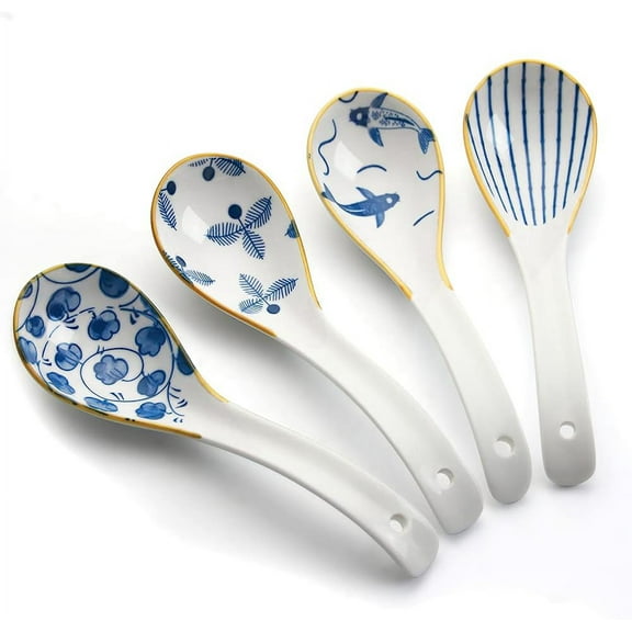 Ceramic Asian Soup Spoons with Non-Slip Hook, Perfect for Ramen, Pho, Miso Soup & Wontons, Gifts for Food Lovers Friends Parents Family (4Pcs)