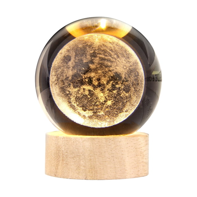 TFixol 3D Illuminated Crystal Ball Night Light with Warm Wooden Base - Solar System, Moon, and Galaxy Designs - Perfect Desktop Decor and Gift Idea