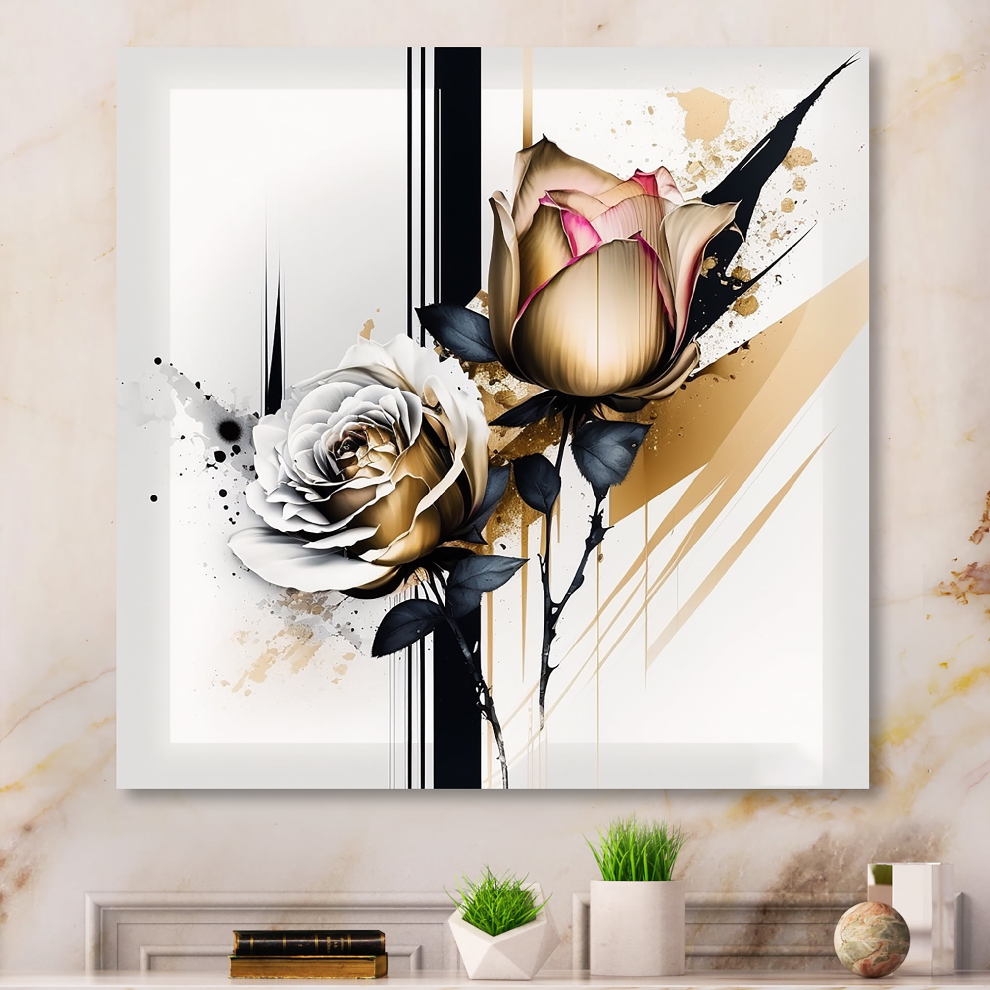 Designart Roses Flow Flower On Golden Beige Paint VII Canvas Wall Art