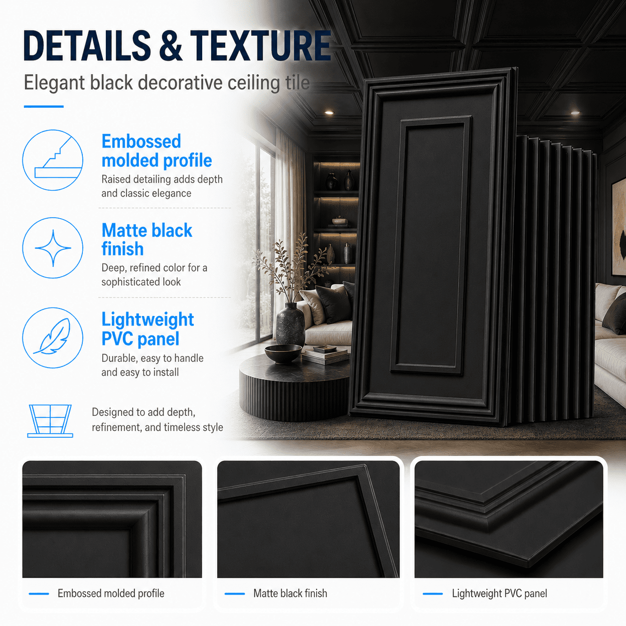 Yeslife 12pcs 24x48 in PVC Drop Ceiling Tiles, Black Matte 3D Embossed, Waterproof for Grid System Glue-Up, Basement Garage Office, 96 sq ft