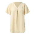 thumbnail image 4 of Baqcunre T Shirts For Women Spring And Summer Stylish Elegant V Collar Tops Pleated Sleeve Blouse For Women Womens Short Sleeve Tops Womens Tops Beige S, 4 of 4