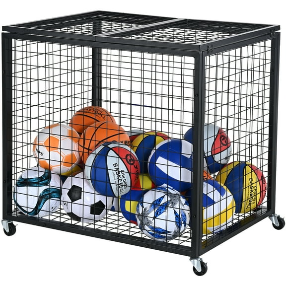 KFFKFF Rolling Sports Ball Storage Cart with Lockable Wheels Garages Sports Equipment Organizer for Gym, School, Club 33.5''x26''x29''