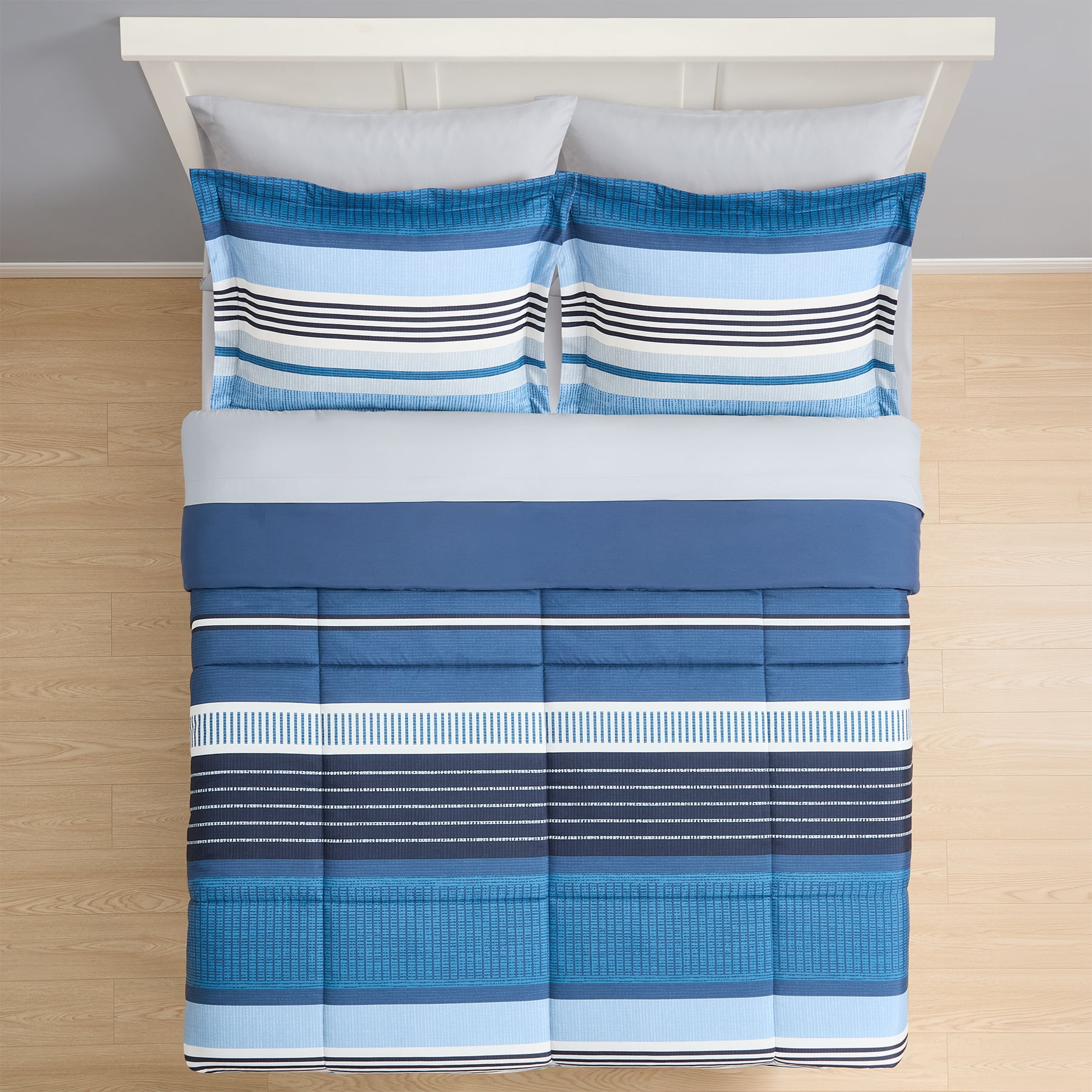 Mainstays All in One Reversible Comforter and Sheet set- 7 Piece, Full, Blue Stripe