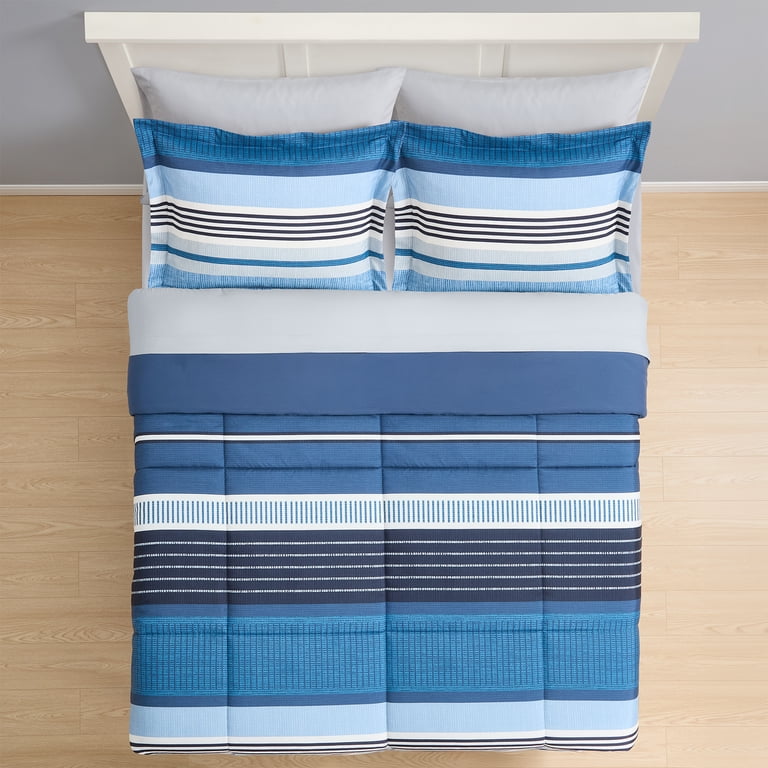 Seven-Piece Reversible Full Bed Set, Blue Stripe photo 7