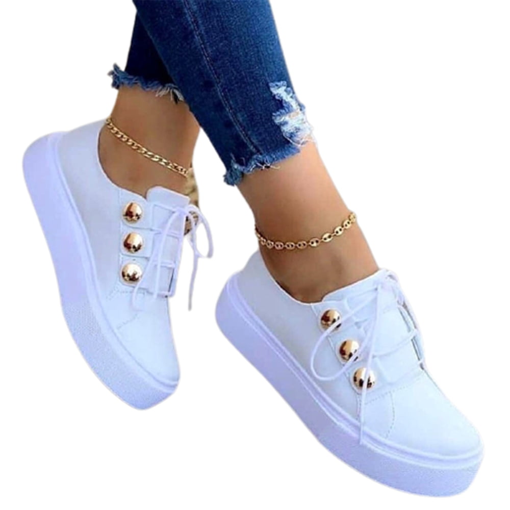 Women's Lace Up Shoes Round Head Platform Casual Shoes Simple and  Fashionable 40 White