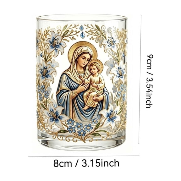 SLYNSHome Stemless Glass Cup with Religious Gold Art Print, Durable Clear Glass Tumbler for Communion Baptism and Spiritual Home Decor