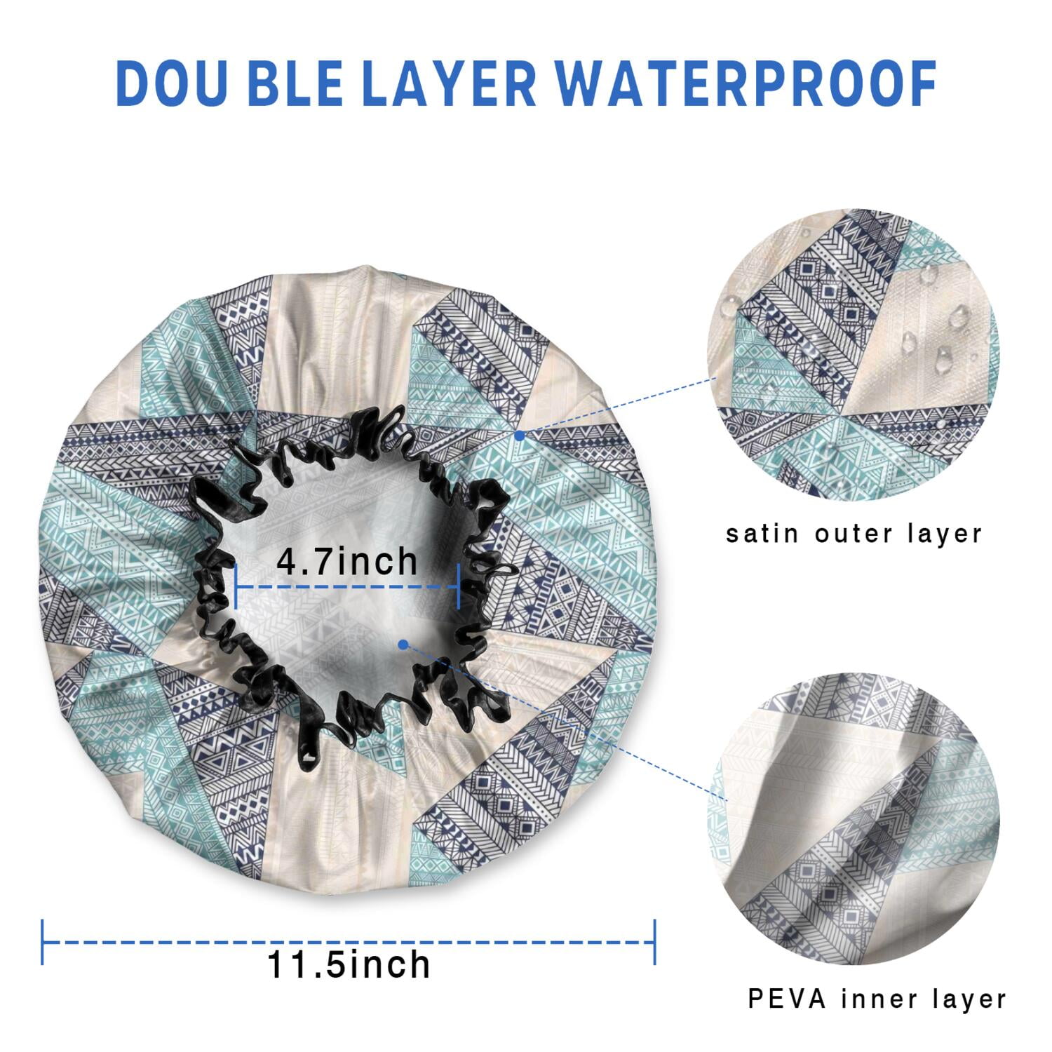 Shower Caps,Blue Ethnic Triangle and Geometric Pattern Waterproof Shower Cap for Women 4 Pieces,Double Reusable Hair Cover for Shower PEVA Elastic Stretch Hem