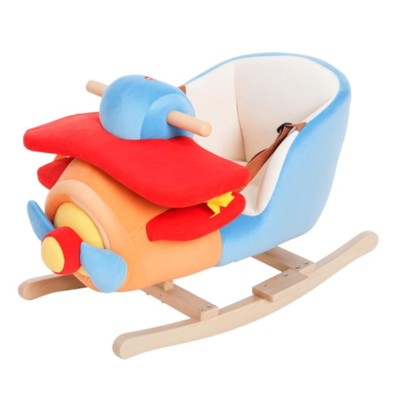 Wooden Plush Ride On Rocking Plane Chair Toy with Lullaby Song Seat Belt for Kids 18 Months Plus