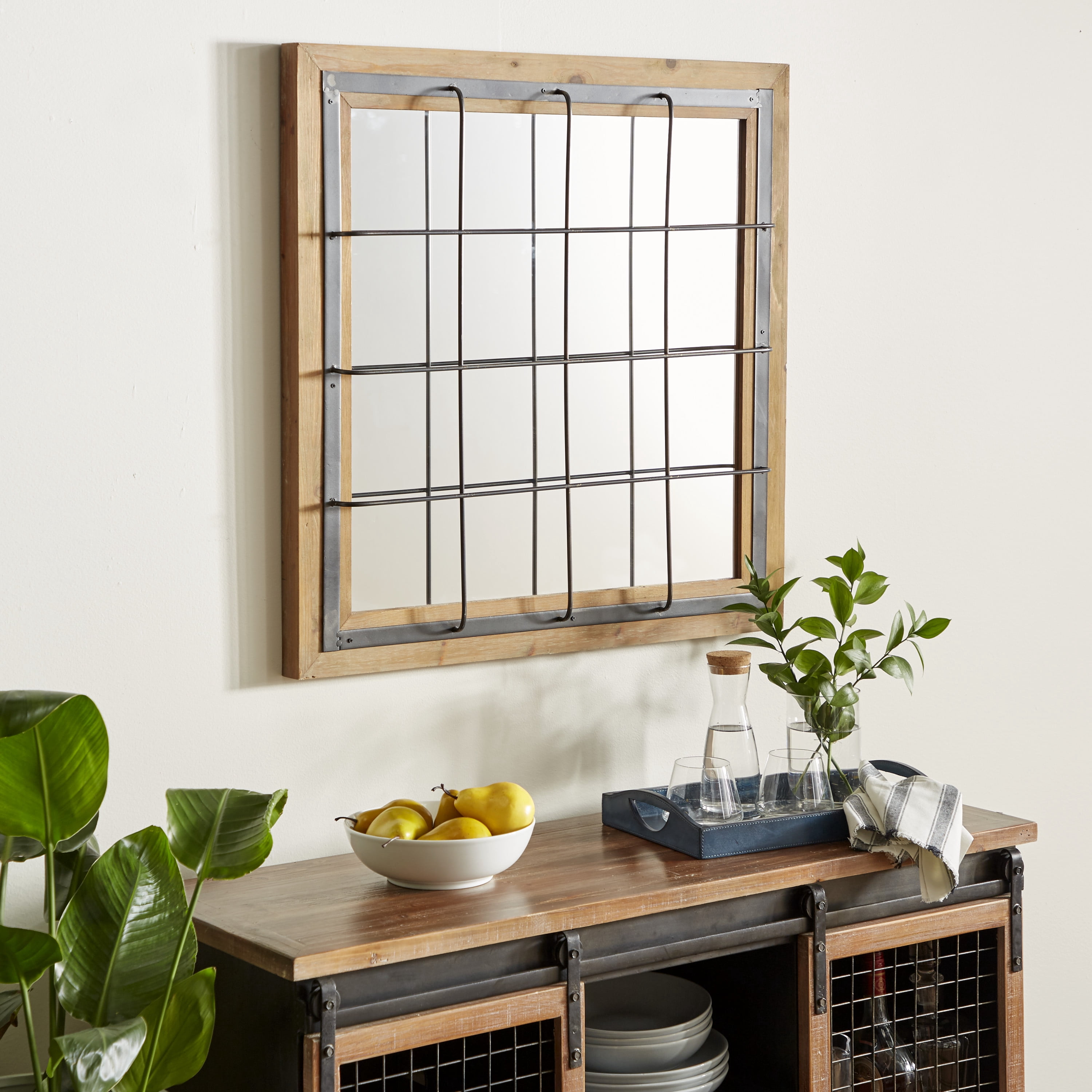 DecMode 32" x 32" Brown Wall Mirror with Grid Frame