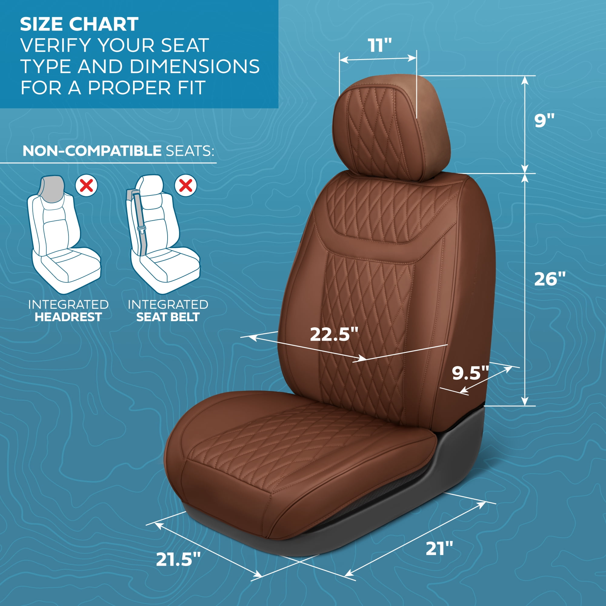 MotorBox Car Seat Covers - Ranch Leatherette Faux Leather Brown Seat Covers for Car - Diamond Stitched Cushioned Interior Protectors for Automotive Accessories, Trucks, SUV, Cars - Two Front Covers