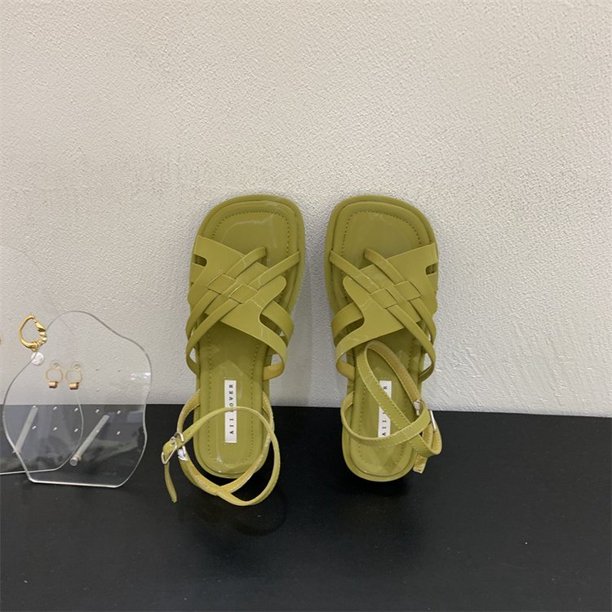Zapatilla de verano para mujer, punta abierta, tacón plano, informal, para exteriores, playa, toboganes, alta calidad, sandalias tejidas para mujer, zapatos para mujer, zapatos 38 Gao Jinjia LED