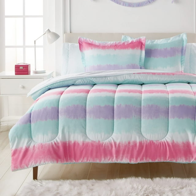dream FACTORY Kids 7-Piece Complete Set Easy-Wash Super Soft Microfiber Comforter Bedding Full Purple Multi Tie Dye Stripe