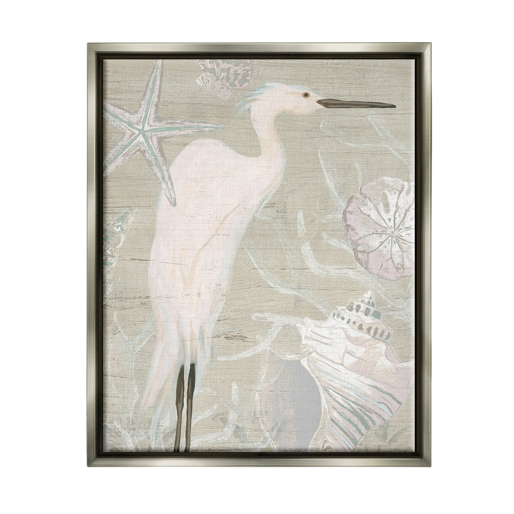 Stupell Industries White Egret Seashells Starfish Rustic Grain Pattern Graphic Art Luster Gray Floating Framed Canvas Print Wall Art, Design by June Erica Vess