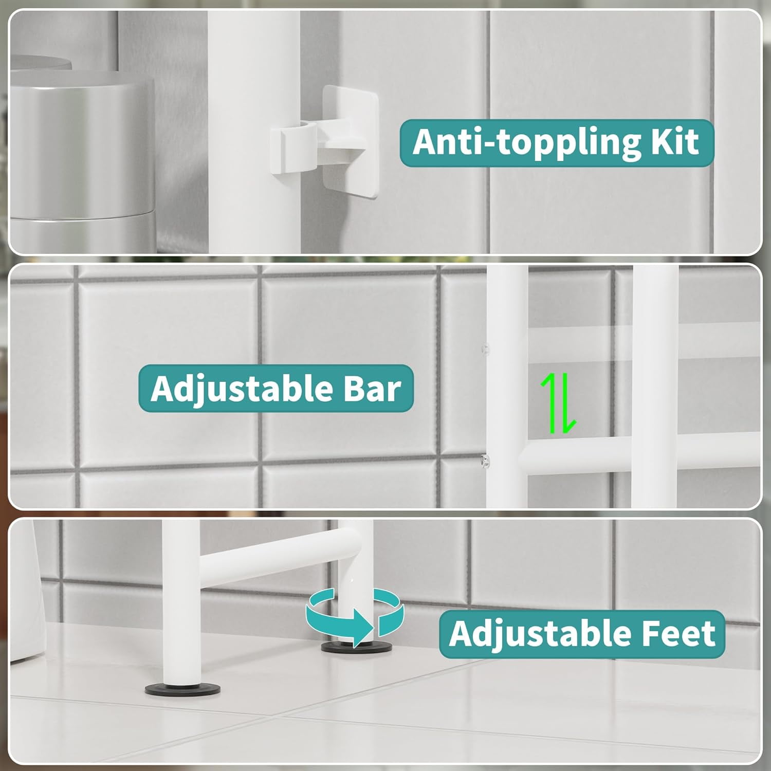 3-Tier Over The Toilet Storage with Paper Holder, Metal Bathroom Organizers and Storage for Small Space, Freestanding Bathroom Shelves with 4 Hooks, Above The Toilet Storage Shelf, Black